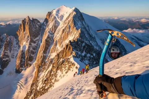 Wspinaczka na korona europy szczyty. Grupa alpinistów na ośnieżonym stoku, w tle majestatyczne góry.