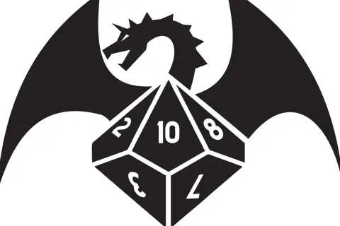 Smok z rozłożonymi skrzydłami nad dwudziestościenną kostką do gry. Warlock czeka na swój rzut.