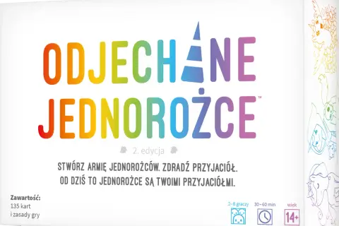 Odjechane jednorożce instrukcja gry. Kolorowe pudełko z napisem "Odjechane Jednorożce 2. edycja", informacją o zawartości i zasadach gry.