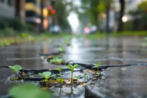 Młode pędy przebijają się przez pęknięcia w mokrym chodniku, symbolizując niezwykłą rezyliencję życia w miejskim krajobrazie.