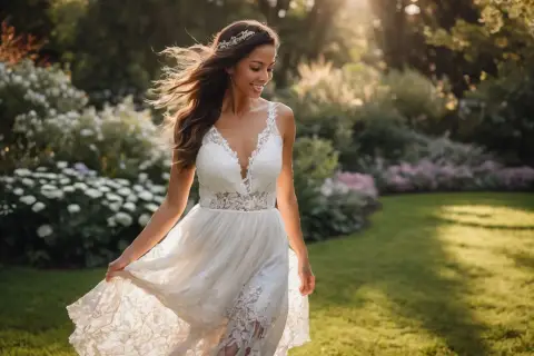 Uśmiechnięta kobieta w koronkowej sukience, w letnim ogrodzie. Idealne buty do koronkowej sukienki? Może delikatne sandałki lub baleriny.
