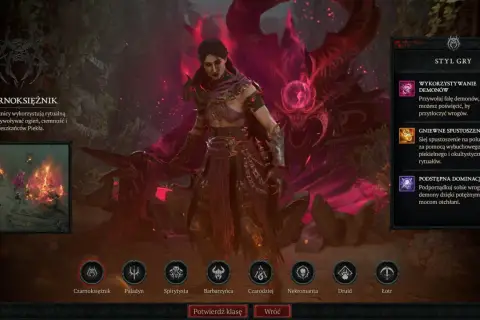 Czarnoksiężniczka z Diablo 4 Sezon 10, otoczona piekielnym ogniem i demonami, gotowa do rytualnej walki.