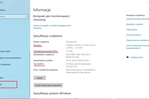 Informacje o systemie: jak sprawdzić ile bit ma system. Widok specyfikacji urządzenia, w tym typ systemu: 64-bitowy.