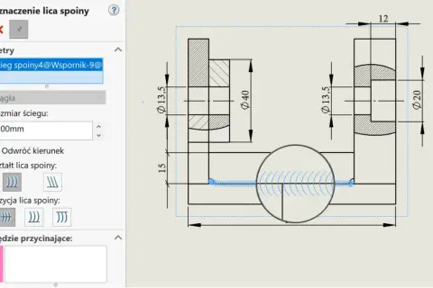 Parametry oznaczenia lica spoiny: ścieg ciągły, rozmiar 3.00mm. Widok przekroju dwóch elementów z wymiarowaniem.