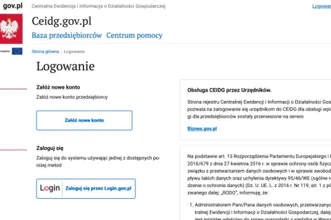 Strona logowania do CEIDG.gov.pl, gdzie można założyć nowe konto lub zalogować się do systemu.