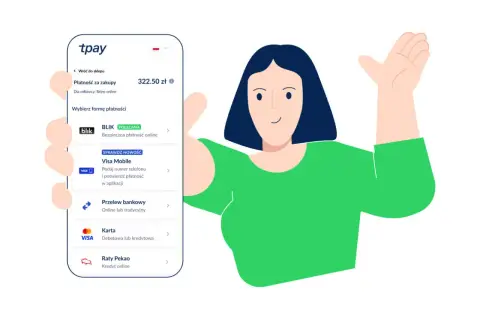 Wybierasz formę płatności na tpay. Dostępne opcje to BLIK, Visa Mobile, przelew bankowy, karta i raty.