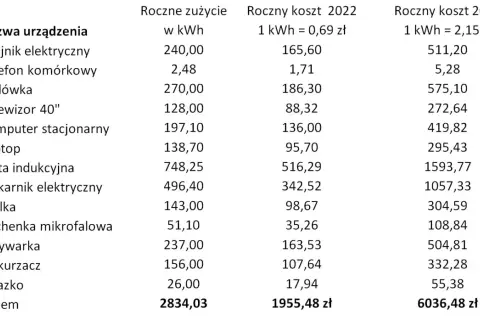 Tabela pokazuje roczne zużycie energii przez urządzenia domowe. Piekarnik elektryczny zużywa 496,40 kWh rocznie, co przekłada się na miesięczne rachunki za prąd.