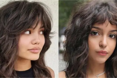 Dos mujeres con un corte de pelo shaggy bob oscuro y ondulado, con flequillo desordenado.