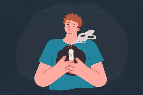 Mężczyzna z płonącą świecą w klatce piersiowej, symbolizującą wewnętrzne napięcie i nerwicę. Dym unosi się z płomienia.