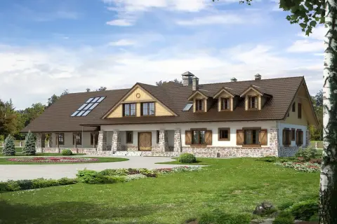Projekt pensjonatu 10 pokoi. Dom z kamienną podmurówką, brązowym dachem i werandą. Otoczony zielenią, z podjazdem.