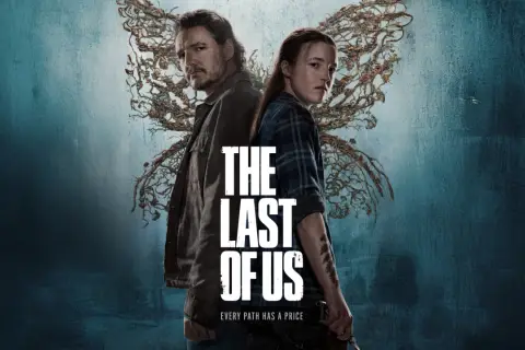 Joel i Ellie, bohaterowie serialu The Last of Us sezon 2, stoją plecami do siebie na tle mrocznego, niebieskiego tła z motywem grzybni.