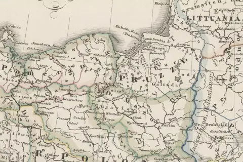 Mapa Europy Środkowej z zaznaczonymi miastami i rzekami. Widoczna zasada senioratu w nazwach miejscowości.