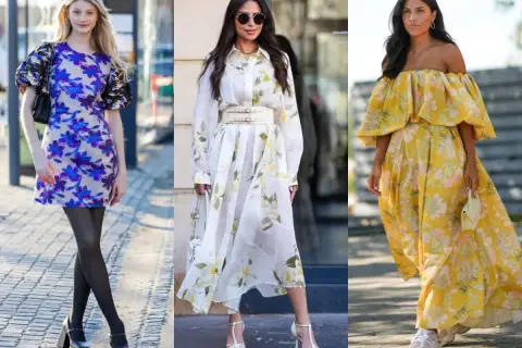 Trzy kobiety w kwiecistych sukienkach. Zastanawiasz się, jakie buty do sukienki w kwiaty? Zobacz inspiracje: eleganckie czółenka, sandałki na obcasie i sportowe sneakersy.