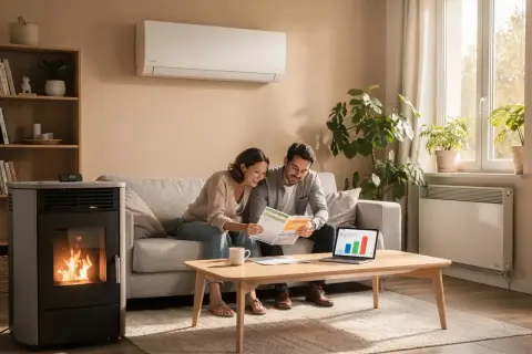 Un couple examine des factures près d'un poêle à granulés, symbole d'un chauffage économique et écologique.