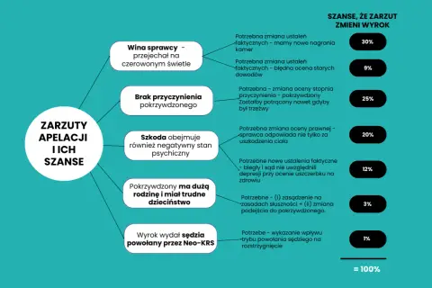 Schemat pokazuje, jak różne zarzuty apelacji wpływają na szanse zmiany wyroku, ilustrując eskalację argumentów.