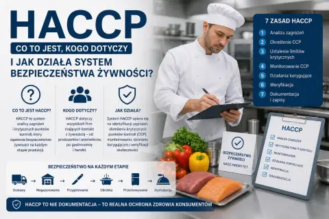 Szef kuchni notuje szczegóły systemu HACCP, kluczowego dla bezpieczeństwa żywności. Grafika wyjaśnia zasady i etapy jego wdrażania.