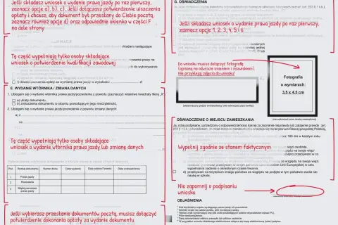Zdjęcie przedstawia formularz wniosku o wydanie prawa jazdy, gdzie zaznaczono opcje dotyczące składania wniosku po raz pierwszy. Widać pole na fotografię o wymiarach 3,5 x 4,5 cm, która jest wymagana do wniosku.