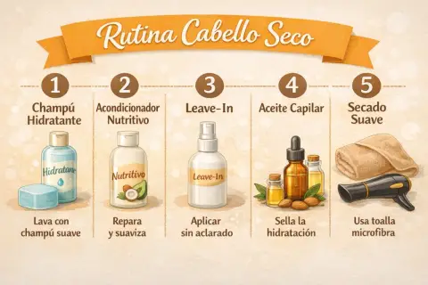 Rutina para cabello seco: champú hidratante, acondicionador nutritivo, leave-in, aceite capilar y secado suave. Un cuidado completo para tu melena.