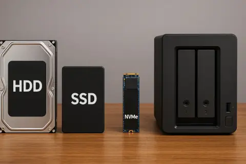 Vergleich verschiedener Speicher: HDD, SSD, NVMe und ein NAS-Gehäuse. Welche festplatte ist die richtige Wahl?