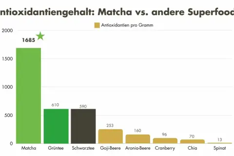 Matcha ist gesund: Der Balken zeigt 1685 Antioxidantien pro Gramm, weit mehr als andere Superfoods wie Goji-Beeren oder Spinat.