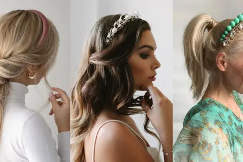 Tres estilos de peinados con diadema: trenza lateral, ondas sueltas con tiara y coleta alta con accesorio.