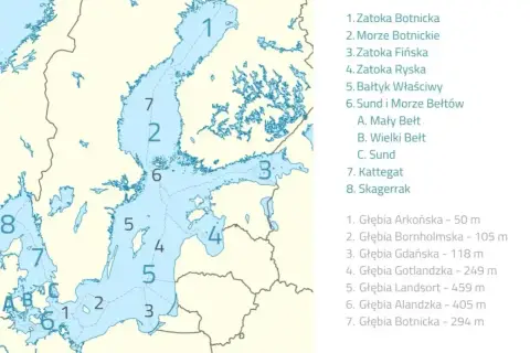 Mapa Bałtyku z zaznaczonymi obszarami i głębiami. Głębia Landsort, oznaczona numerem 5, osiąga 459 m.