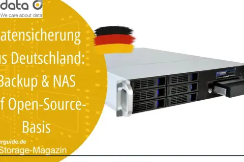 Rack-NAS-System mit vielen Einschüben, das auf einer Open-Source-Basis für Datensicherung aus Deutschland steht.