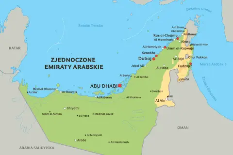 Mapa Zjednoczonych Emiratów Arabskich. Widać tu m.in. Abu Zabi, Dubaj, Szardżę, Ras al-Chajmę, Fudżajrę, a także sąsiednie kraje jak Katar, Iran, Arabię Saudyjską i Oman.