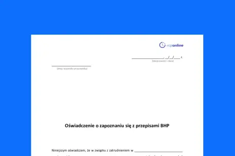 Oświadczenie o zapoznaniu się z przepisami BHP. Dokument potwierdza, że za stan bezpieczeństwa i higieny pracy w zakładzie odpowiada pracownik.