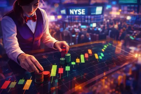 Krupierka układa żetony na wykresie giełdowym. Czy giełda to hazard? W tle widać neonowy napis NYSE.