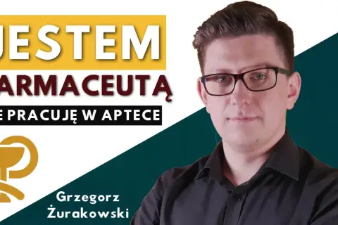 Mężczyzna w okularach na tle napisu "Jestem farmaceutą. Nie pracuję w aptece" i symbolu aptecznego.