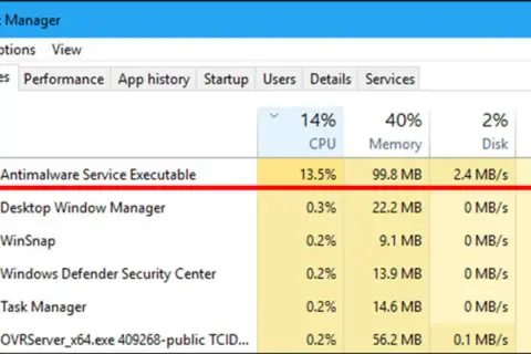 Task Manager zeigt "Antimalware Service Executable" mit hoher CPU-Auslastung. Möglicherweise muss dieser Prozess deaktiviert werden.