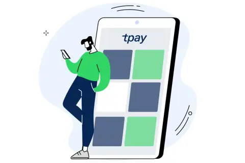 Mężczyzna korzysta z telefonu z logo "tpay", przeglądając różne metody płatności.