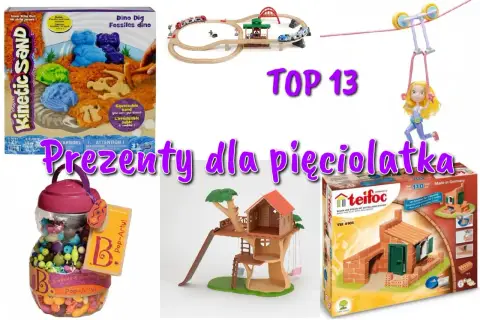 Pomysły na prezenty dla 5 latka: piaskownica kinetyczna, kolejka, domek na drzewie, koraliki, budowle z cegiełek.