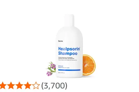 Biała butelka szamponu Healpsorin z pomarańczą i kwiatami. Produkt kontroluje objawy łuszczycy i łupieżu.