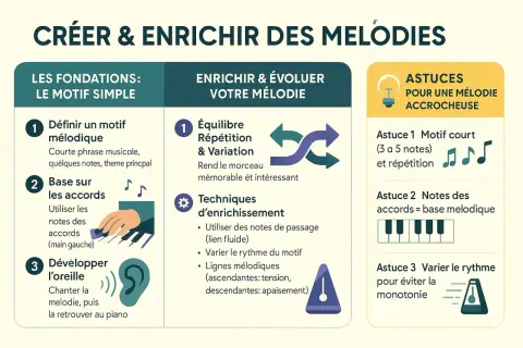 Guide pour créer une mélodie : définir un motif, utiliser les accords, développer l'oreille, équilibrer répétition et variation, et enrichir avec des notes de passage.