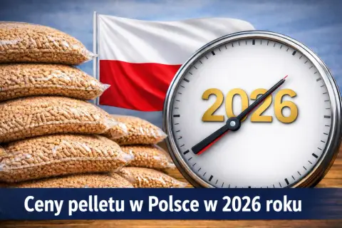 Stosy worków z pelletem, polska flaga i zegar wskazujący 2026 rok. Sprawdź ceny pelletu w Polsce w 2026 roku.