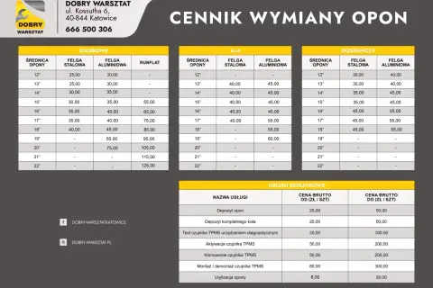 Cennik wymiany opon w Dobrym Warsztacie. Sprawdź, ile kosztuje wymiana opon w zależności od rozmiaru i typu felgi.