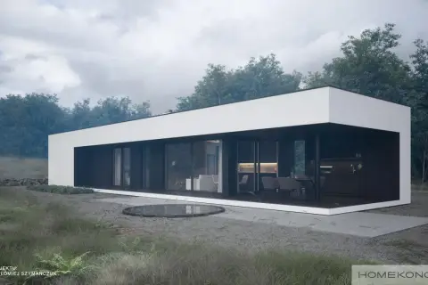 Nowoczesny dom do 70m2 z dużymi przeszkleniami, otoczony zielenią. Minimalistyczna bryła i taras tworzą idealne miejsce do odpoczynku.