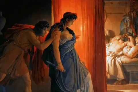 Judith z mieczem i Holofernes śpiący. Obraz ukazuje przyczyny dekonstrukcji mitu bohatera w literaturze postmodernistycznej, gdzie słabość i zdrada zastępują siłę.
