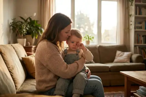 Mama pociesza płaczącego 3-latka, wspierając jego rozwój emocjonalny. Ciepło i bezpieczeństwo w domowym zaciszu.