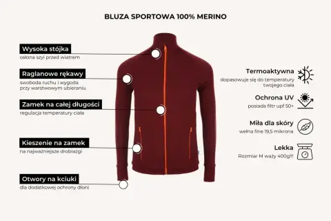Bordowa bluza sportowa z wysoką stójką, raglanowymi rękawami i zamkiem na całej długości. Wykonana ze 100% wełny merino, termoaktywna i miła dla skóry.