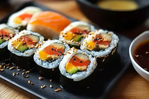 Rolki sushi z łososiem, awokado i mango, posypane sezamem, na czarnym talerzu z sosem sojowym.