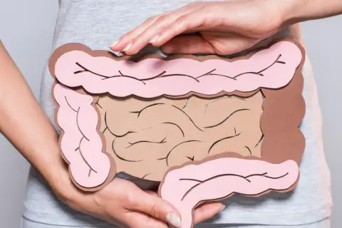 Dłonie obejmują model jelit, symbolizujący problemy trawienne, takie jak śluz w kale.