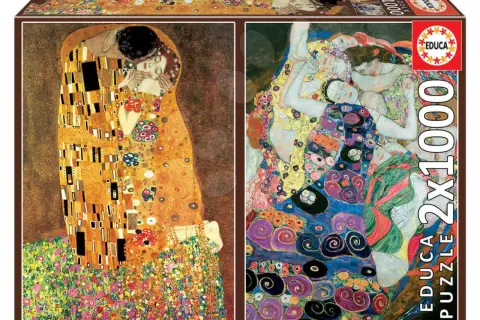 Obraz Gustava Klimta "Pocałunek", najdroższy obraz, na pudełku puzzli.
