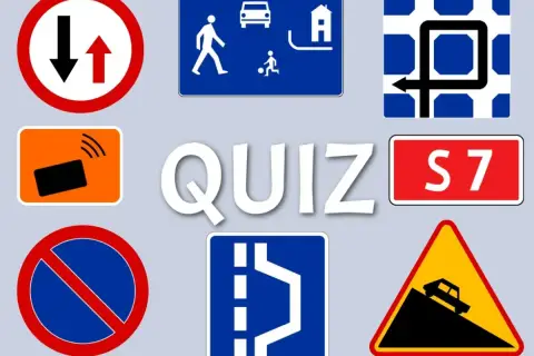Quiz z różnymi rodzajami znaków drogowych: ustąp pierwszeństwa, strefa zamieszkania, zakaz zatrzymywania, przejazd, S7, teren zabudowany, zbliżanie się do wzniesienia.