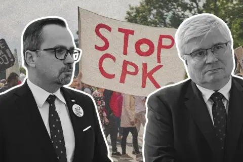 Dwóch mężczyzn w garniturach na tle transparentu "STOP CPK". Tło sugeruje kulisy afery z działką pod budowę CPK sprzedaną tuż przed oddaniem władzy.