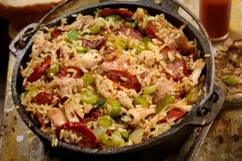 A pyszne jambalaya w żeliwnym garnku, pełne ryżu, kurczaka, kiełbasy i warzyw.