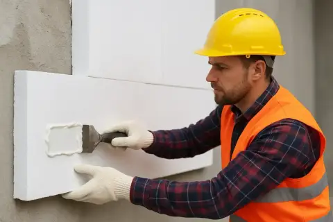 Budowlaniec w żółtym kasku nakłada klej do polistyrenu na płytę izolacyjną, przygotowując ją do montażu na ścianie.