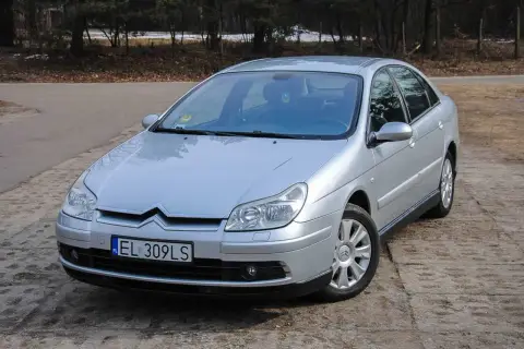 Srebrny Citroen C5 2.0 HDi zaparkowany na drodze leśnej.